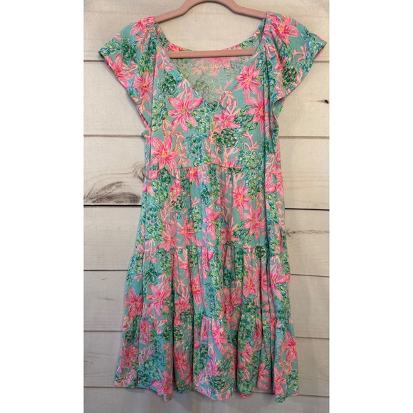 Lilly Pulitzer Dresses & Skirts - Lilly Pulitzer Tiered Flutter Sleeve V Neck Floral Print Dress XS